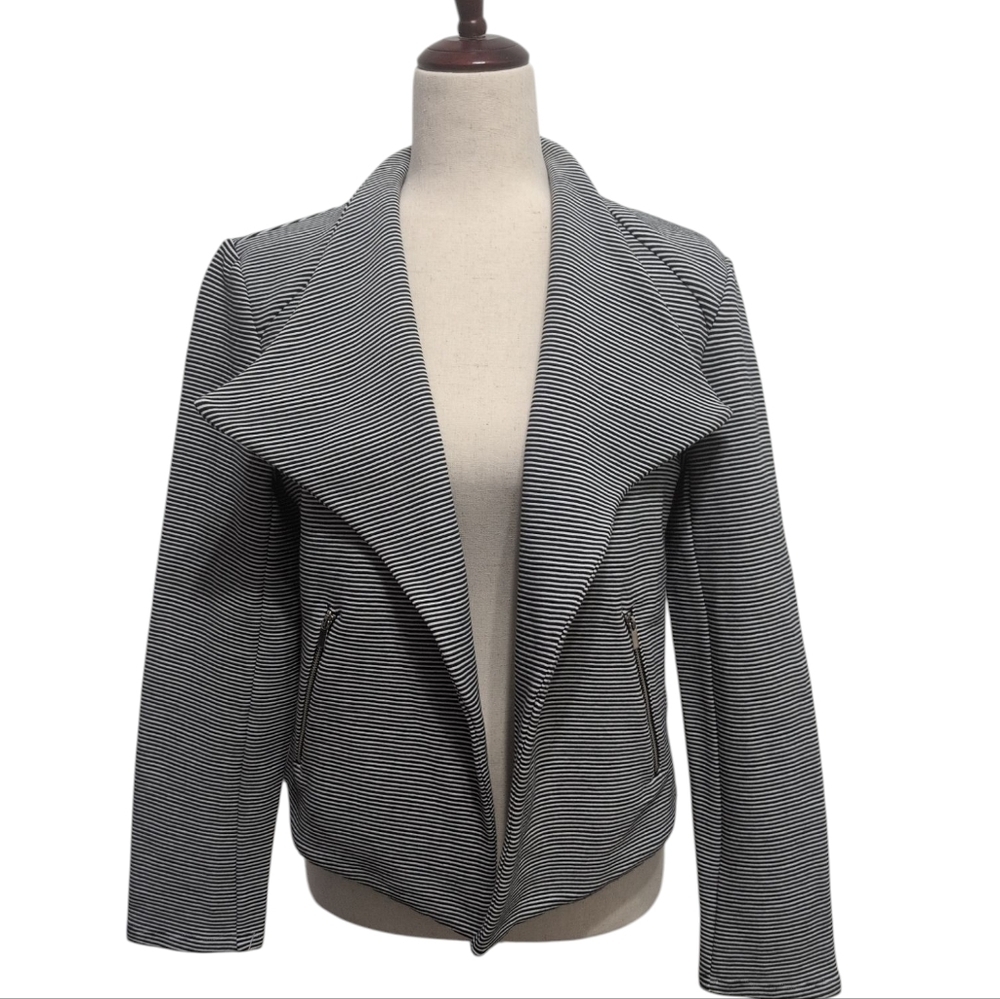 Premise Textured Black & White Striped Open Blazer Zippered Pockets Womens Small